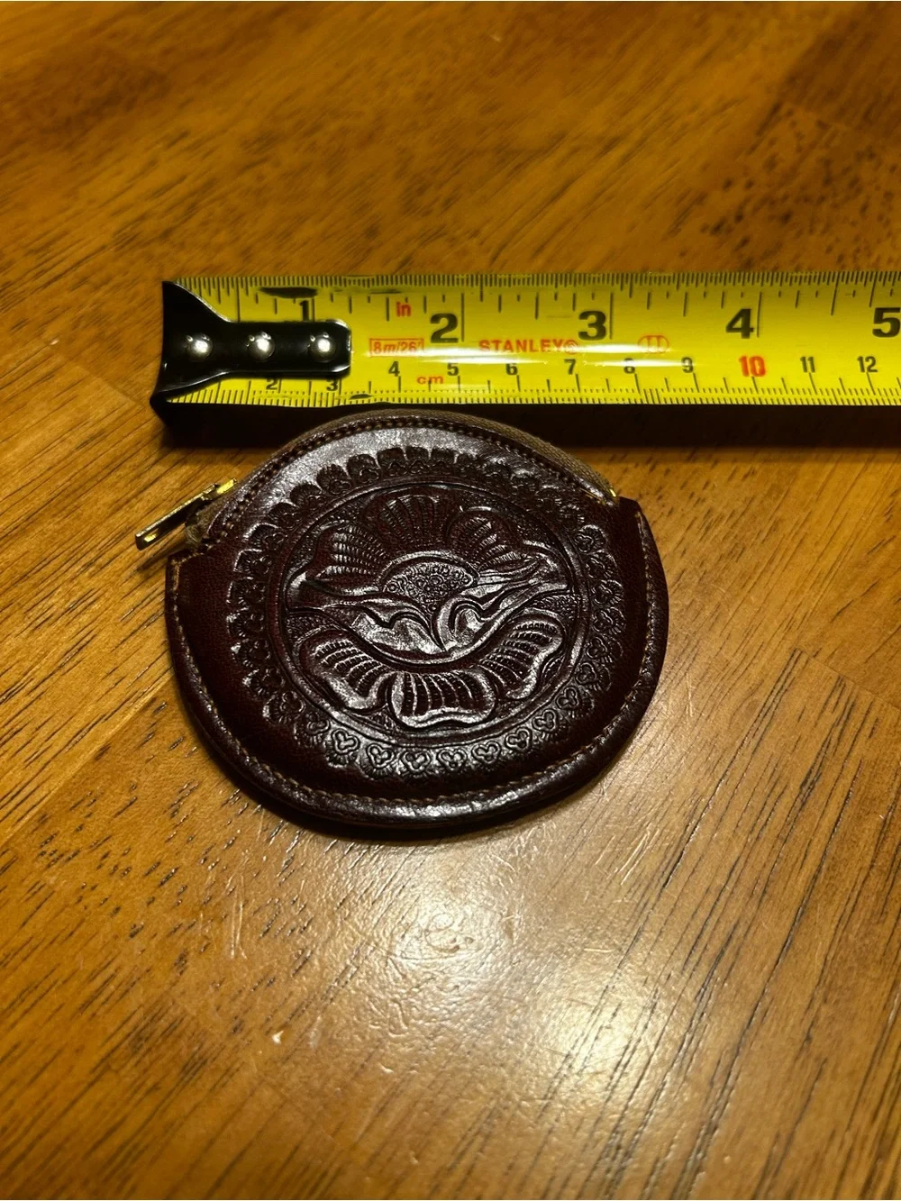 Vintage Handcrafted Brown Leather Coin Pouch with Embossed Horse Motif